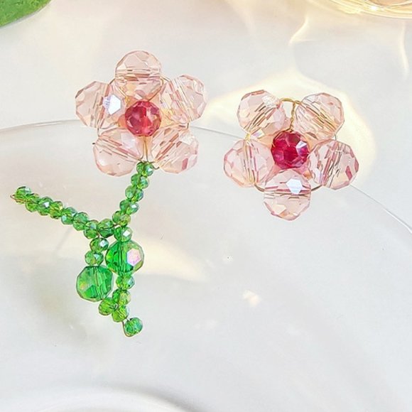 Hand Beaded Asymmetrical Pink Flower Earrings - Picture 1 of 8